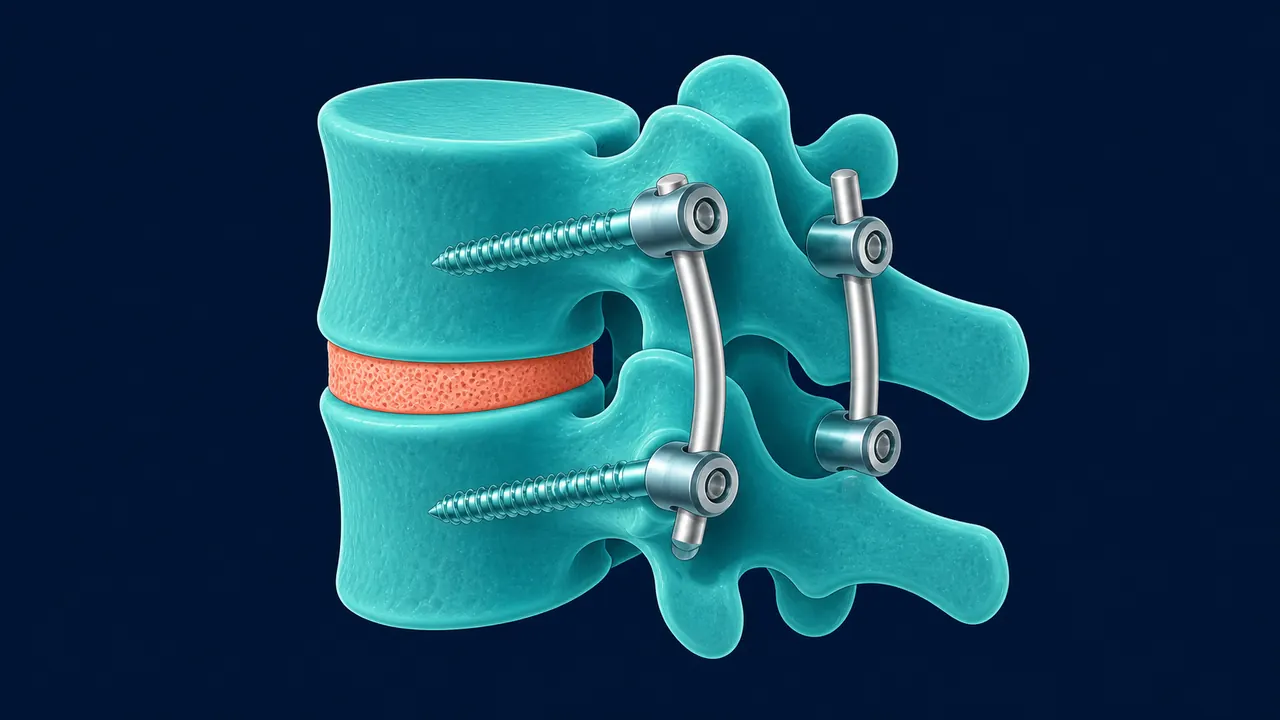 Diagrama de artrodesis lumbar con tornillos de fijación — Dr. Carlos Mendoza, Querétaro