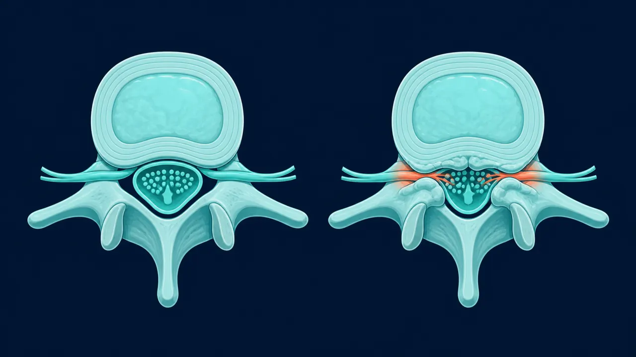 Diagrama del canal lumbar estrechado en la estenosis — Dr. Carlos Mendoza, Querétaro