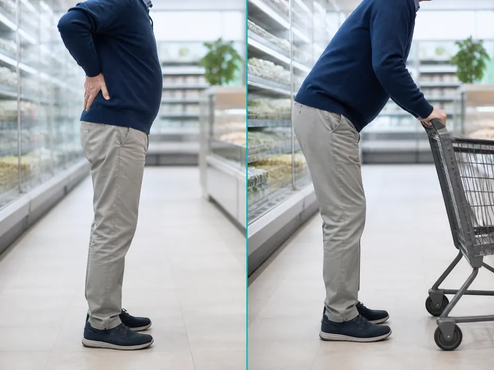 Postura inclinada sobre un carrito que alivia la estenosis lumbar — atención en Querétaro