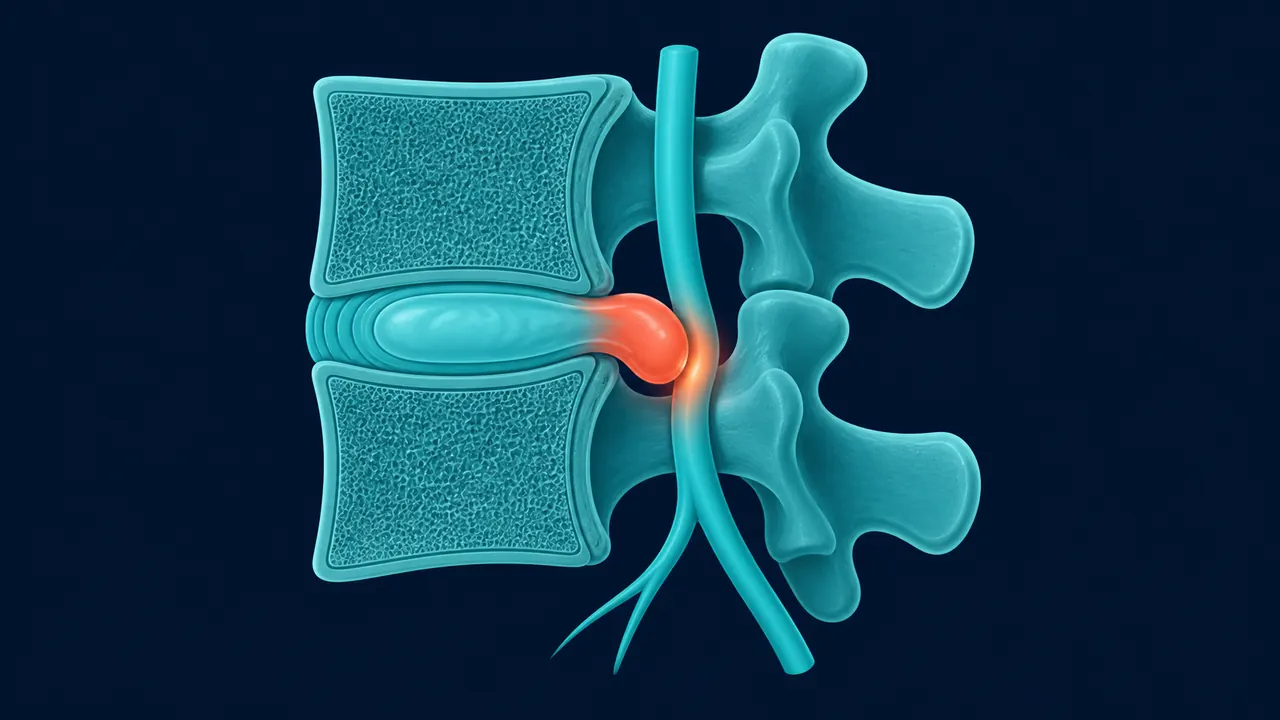 Diagrama de hernia discal lumbar comprimiendo la raíz nerviosa — Dr. Carlos Mendoza, Querétaro