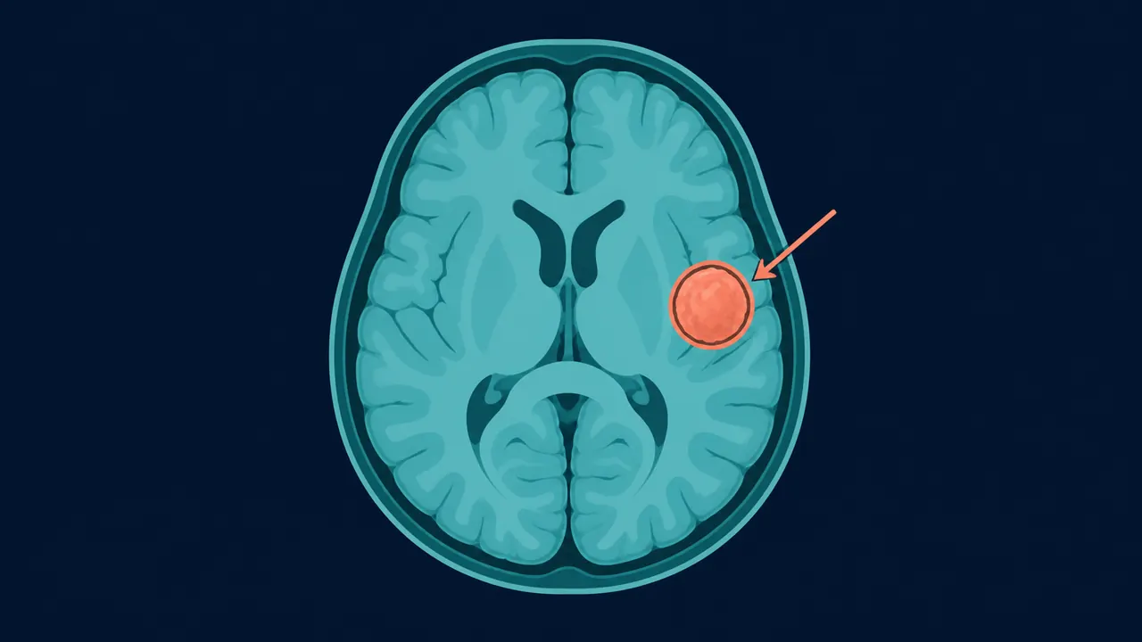 Diagrama de tumor cerebral señalado en corte axial — neurocirugía en Querétaro